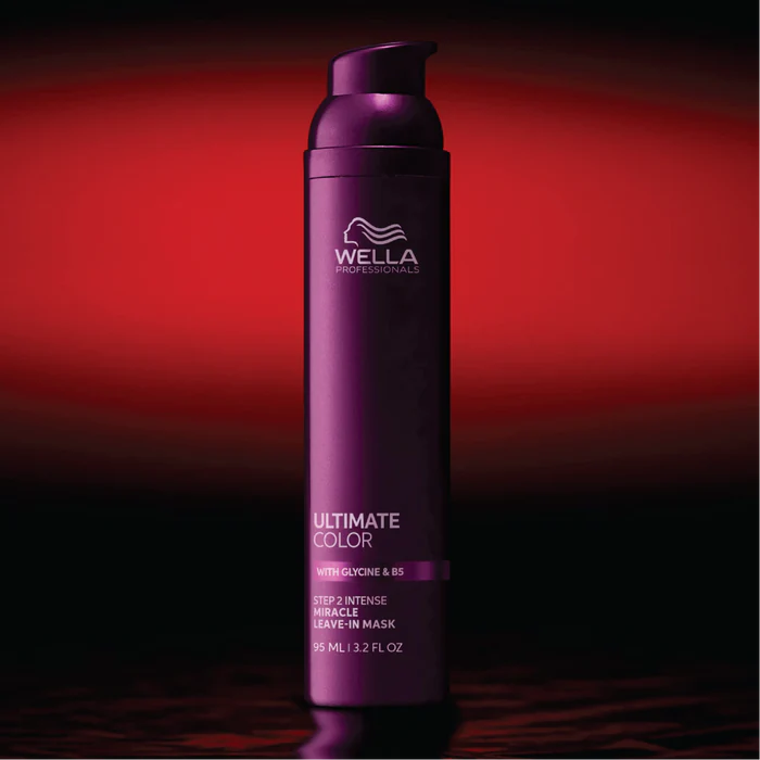 Wella Ultimate Color leave-in mask bottle, tall purple container with black cap