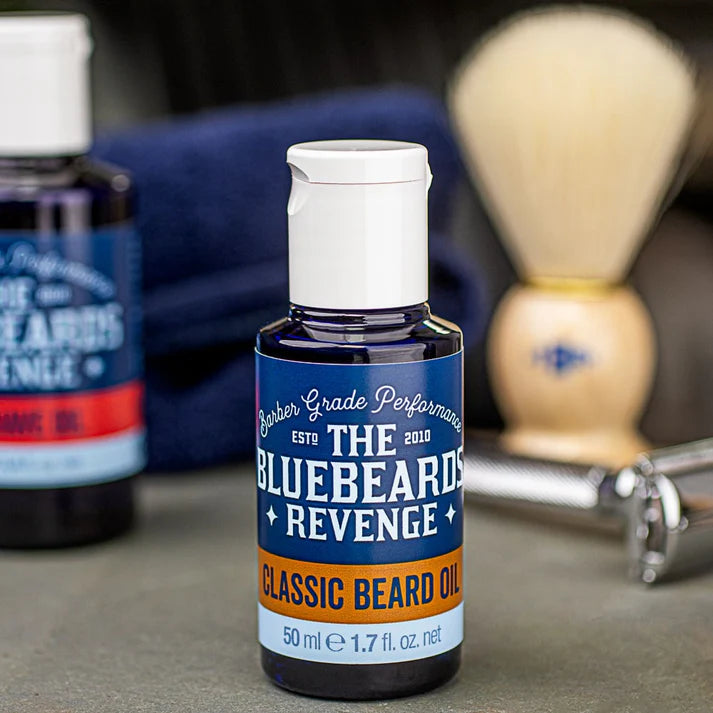 Bluebeards Revenge classic beard oil bottle, 50 ml, front label and pump cap