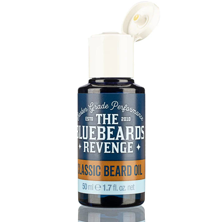Beard oil bottle with open white cap, Bluebeards Revenge classic, 50 ml