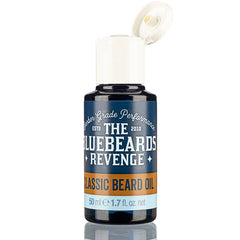 Beard oil bottle with open white cap, Bluebeards Revenge classic, 50 ml