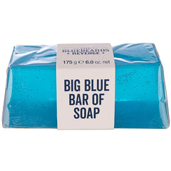 Blue bar of soap with white front label and clear wrap, 175g
