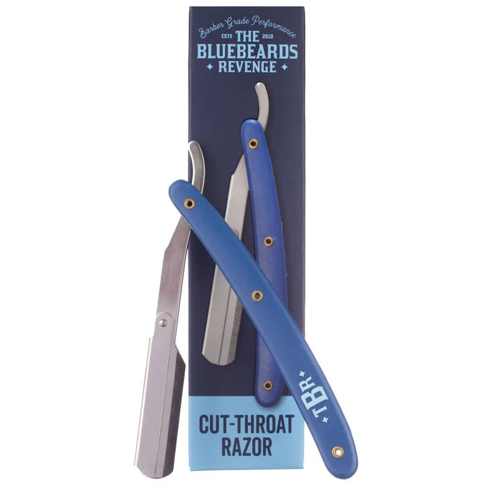 Cut-throat straight razor with blue handle shown with retail box