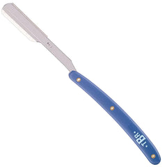 Cut-throat straight razor with blue handle and hinged open blade