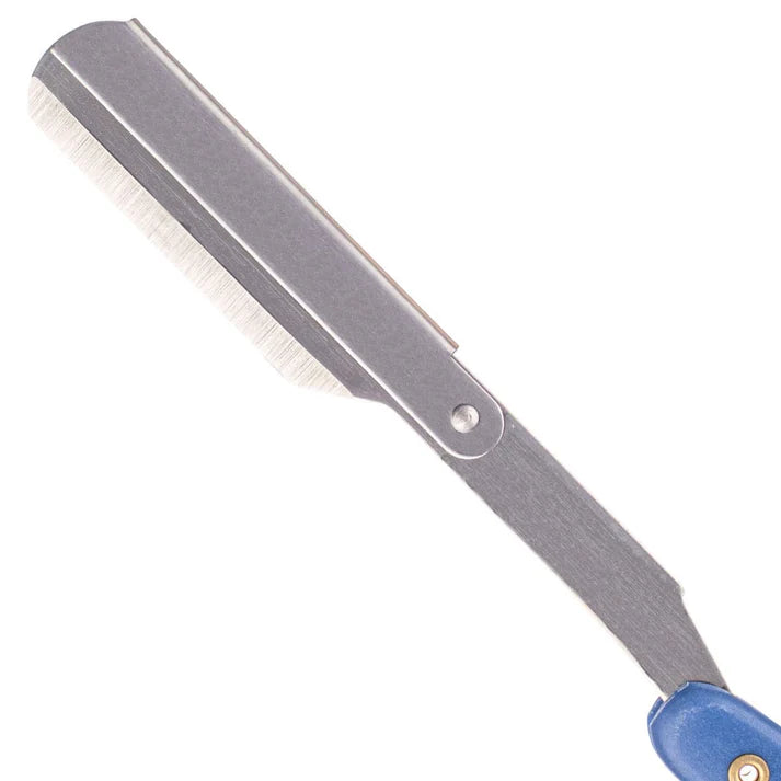 Straight razor blade with blue scales and brass rivet detail