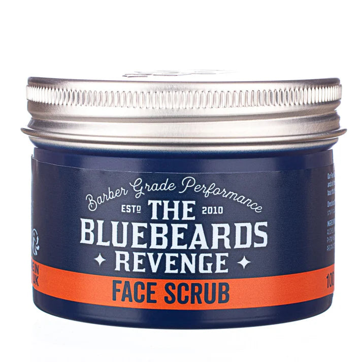 Face scrub jar front label with blue background and orange stripe, silver lid