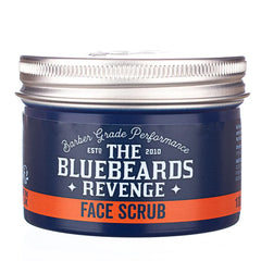 Face scrub jar front label with blue background and orange stripe, silver lid