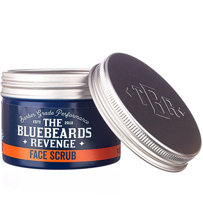 Face scrub jar with lid removed, silver top with embossed text and blue label