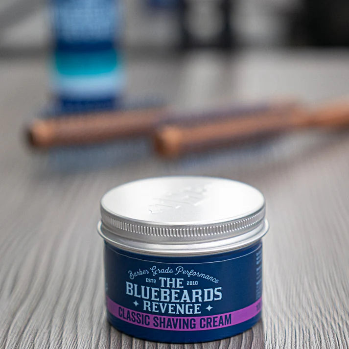 Blue shaving cream jar with silver lid and purple band, Classic Shaving Cream label