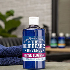Front view of blue body wash bottle with white cap, Classic Body Wash label, 300 ml.