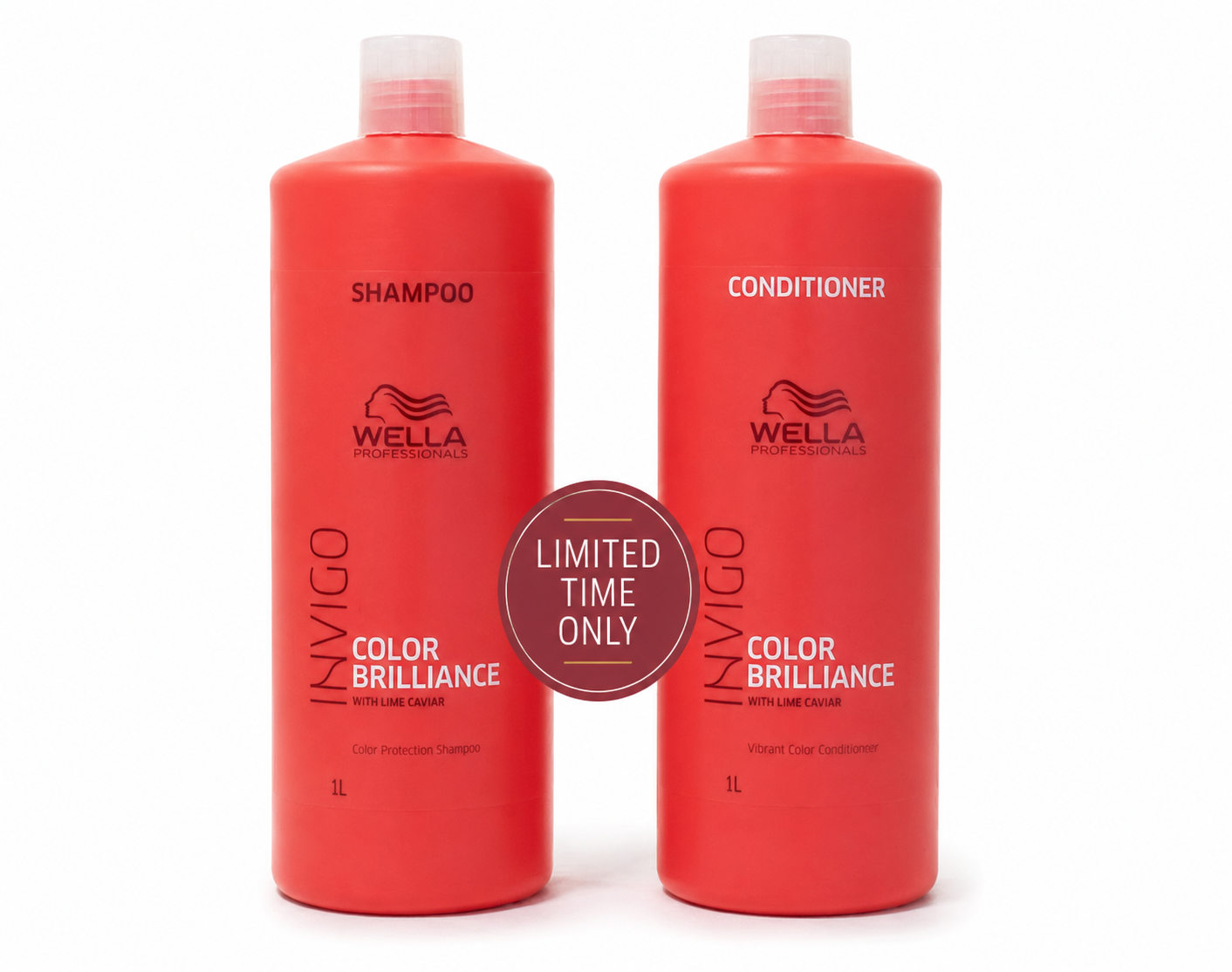 Red shampoo and conditioner bottles set, 1L each, Color Brilliance labels