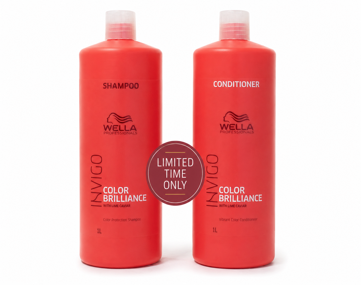 Red shampoo and conditioner bottles set, 1L each, Color Brilliance labels