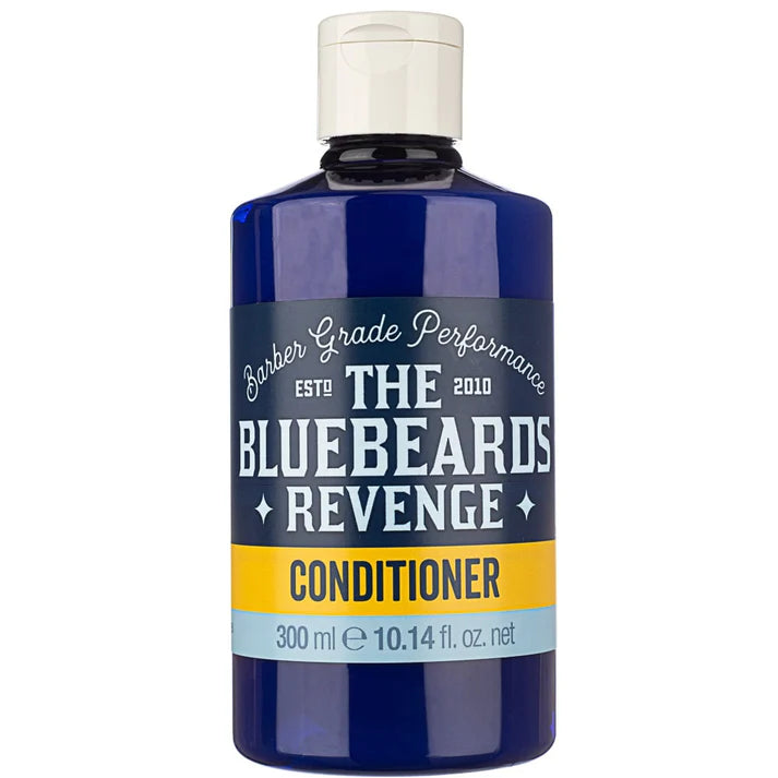 Bluebeards Revenge conditioner bottle, blue plastic with white cap, front label close-up