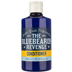 Bluebeards Revenge conditioner bottle, blue plastic with white cap, front label close-up