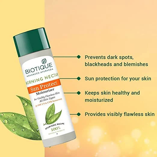 Biotique Morning Nectar Sun Protect SPF moisturizer sunscreen bottle with leaf graphics