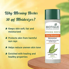 Biotique Morning Nectar Sun Protect SPF sunscreen moisturiser bottle, green cap