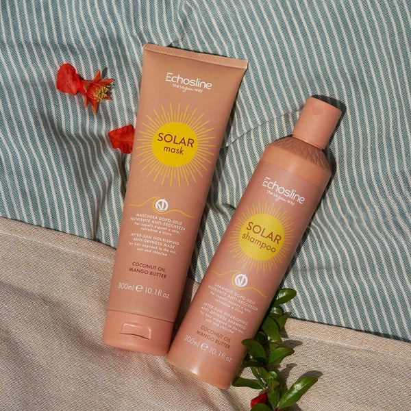 Solar mask tube and Solar shampoo bottle, peach-brown with coconut oil text