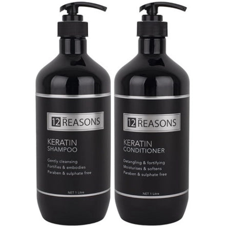 Pair of black keratin shampoo and conditioner bottles with pump dispensers and labels