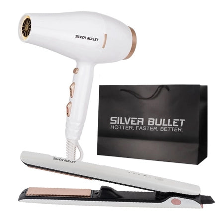 SILVER BULLET Powerline Hair Straightener and Hair Dryer Combo - White - Kess Hair and Beauty