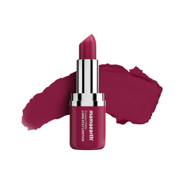 Mamaearth matte long stay lipstick in Cranberry Crush, with lip color swatch