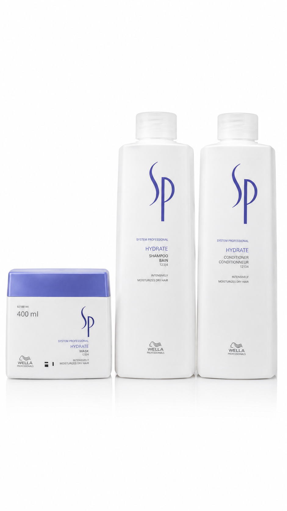 Wella SP Hydrate hair care set: shampoo, conditioner bottles, and 400 ml mask
