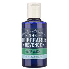 Face wash bottle close-up, blue body with white cap and "FACE WASH" label