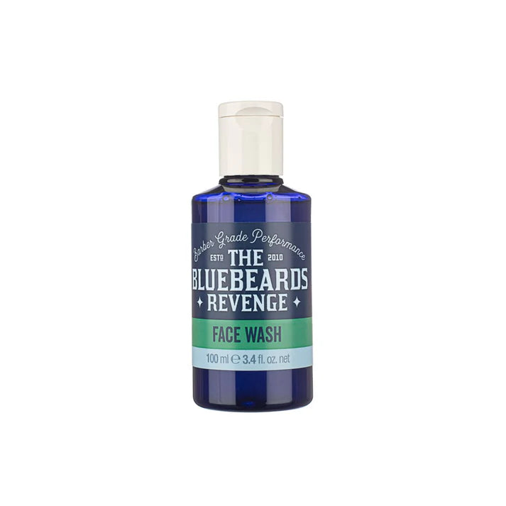 The Bluebeards Revenge face wash bottle, blue transparent plastic with white cap