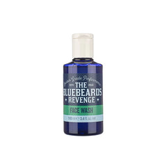The Bluebeards Revenge face wash bottle, blue transparent plastic with white cap