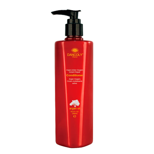 DanColy argan hair conditioner bottle, red with black pump and white label