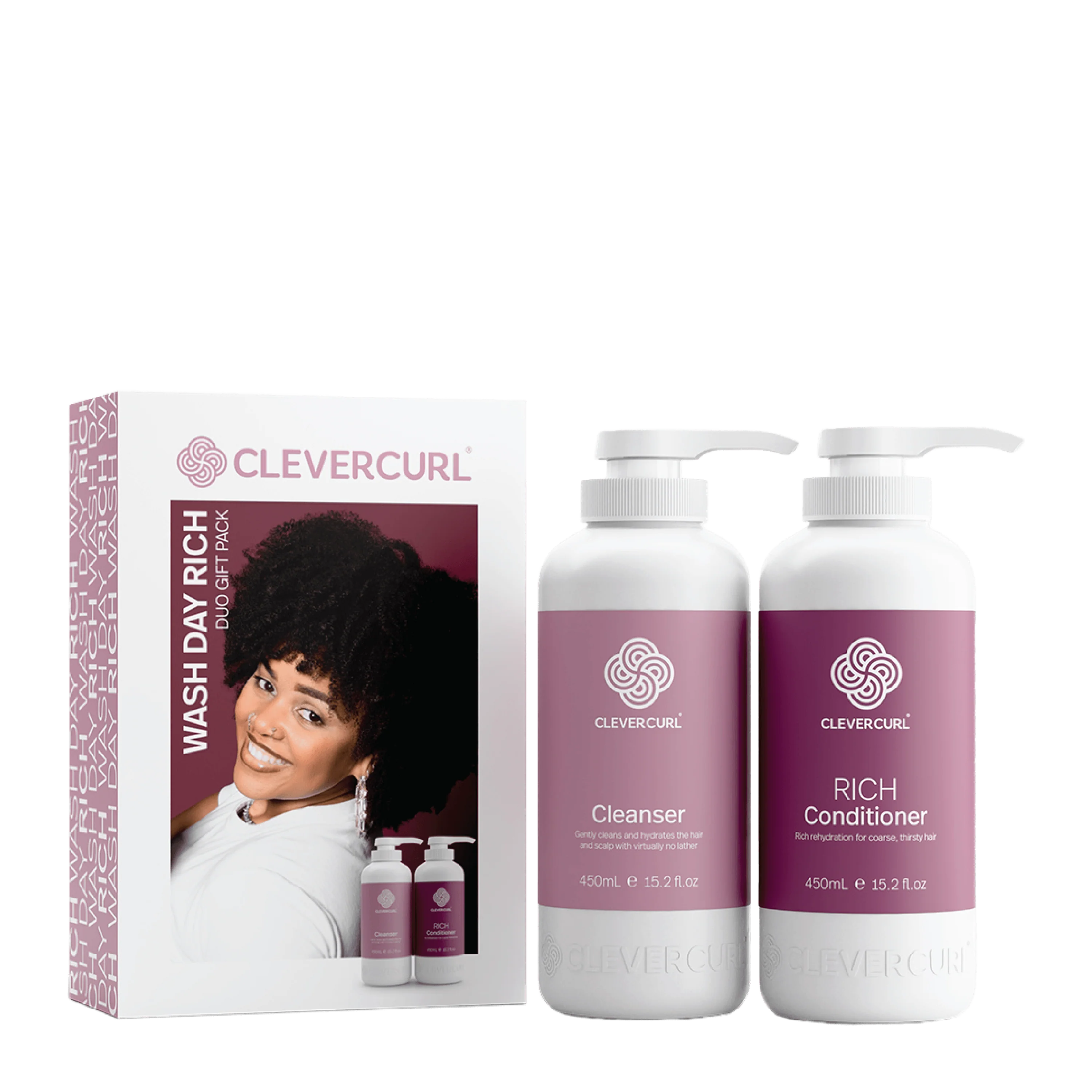 CleverCurl Wash Day Rich duo: cleanser and rich conditioner bottles with gift box