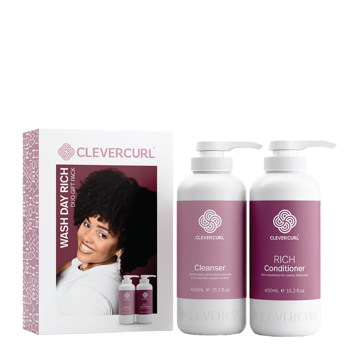 CleverCurl Wash Day Rich duo: cleanser and rich conditioner bottles with gift box