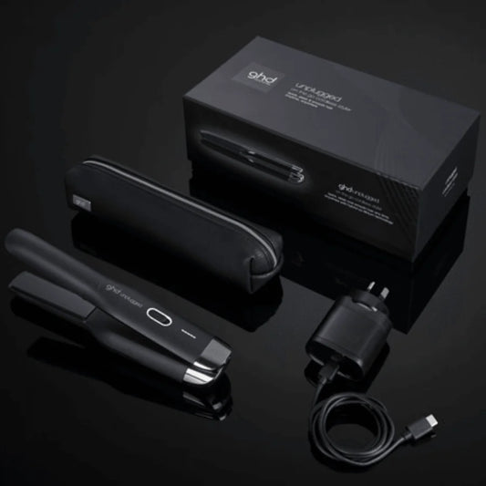 Cordless hair straightener and charging cable with black storage box