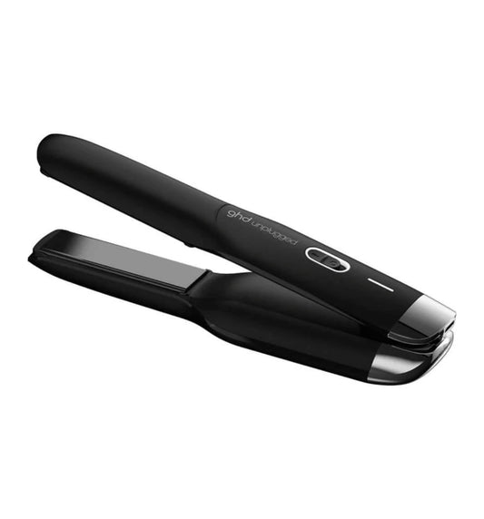 Black cordless hair straightener with ceramic plates and power button