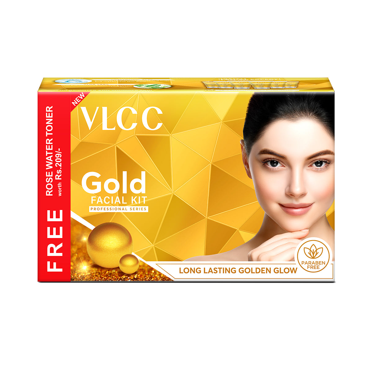 VLCC Gold facial kit box with free rose water toner, golden glow packaging