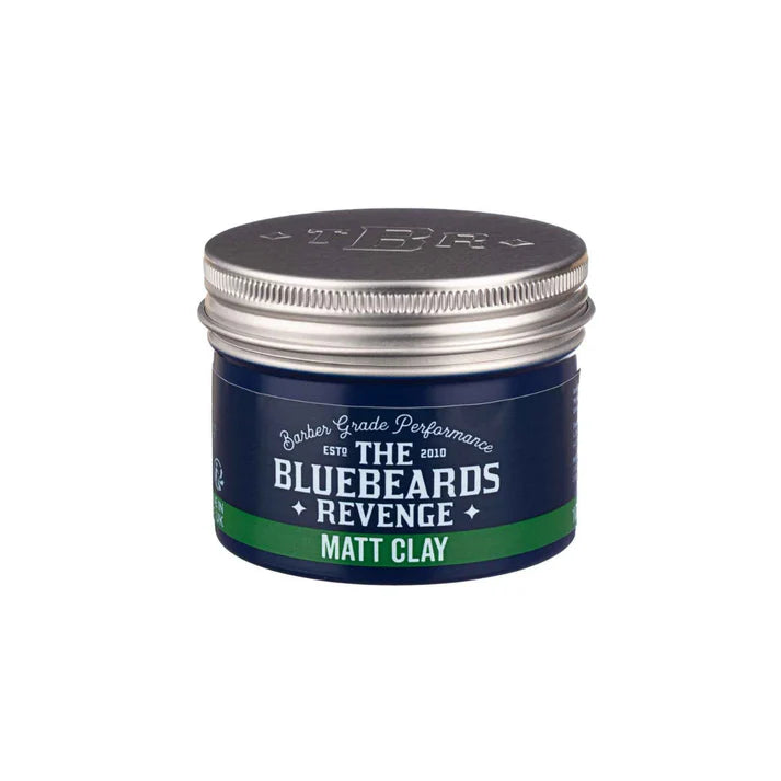 Matt clay hair styling jar with silver lid and dark label