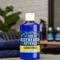 Bluebeards Revenge conditioner bottle, blue with white cap, label facing camera