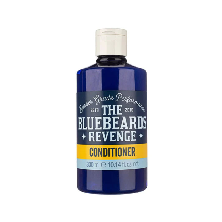 Bluebeards Revenge conditioner bottle, blue plastic with white cap, front label