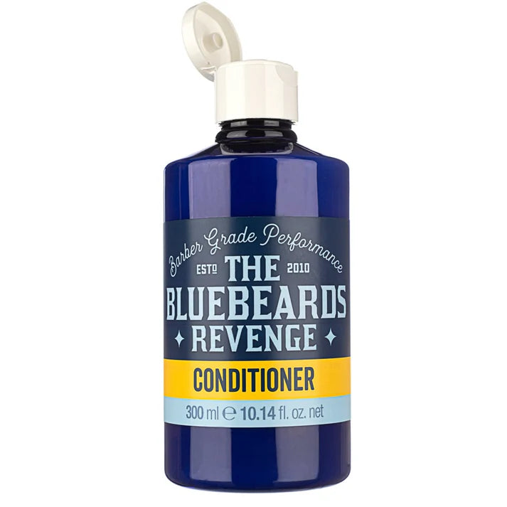 Bluebeards Revenge conditioner bottle, blue with white cap flipped open, front label