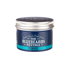 Bluebeards Revenge pomade jar, blue with teal label and silver ribbed lid