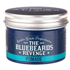 Pomade jar front label, dark blue container with teal band and silver lid