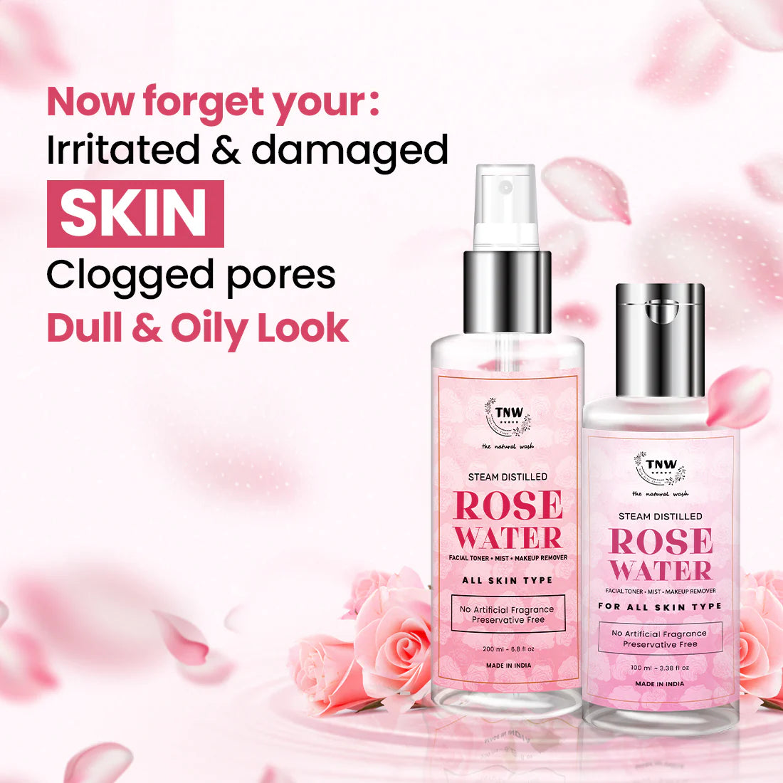 TNW - The Natural Wash 100% Steam Distilled Rose Water Face Toner Gulab Jal Hydration 200ml