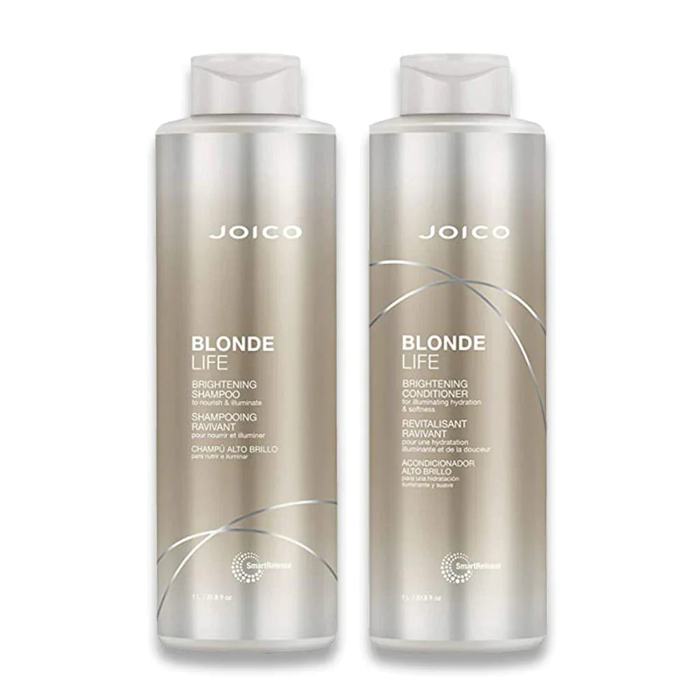 Joico Blonde Life brightening shampoo and conditioner duo bottles, silver plastic