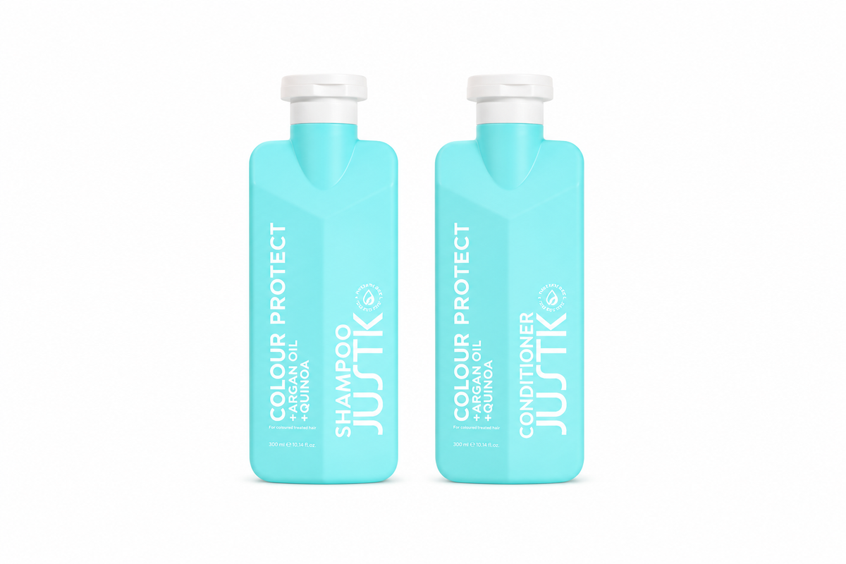 JUSTK color protect shampoo and conditioner bottles, turquoise, 300 ml each