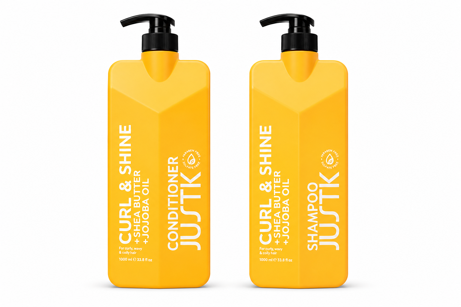 JUSTK Curl & Shine yellow shampoo and conditioner bottles, 1 L bundle