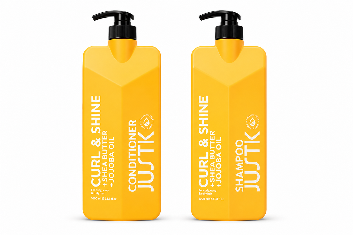 JUSTK Curl & Shine yellow shampoo and conditioner bottles, 1 L bundle
