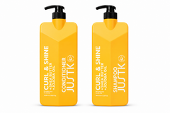 JUSTK Curl & Shine yellow shampoo and conditioner bottles, 1 L bundle