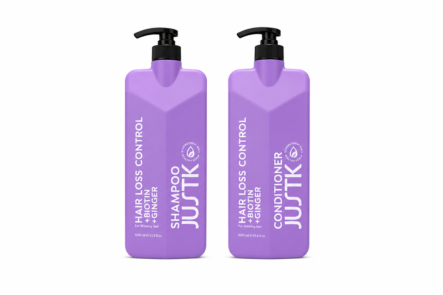 Purple biotin and ginger shampoo and conditioner bottles with black pump