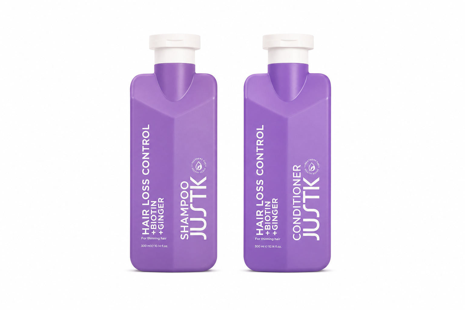 Purple JUSTK hair shampoo and conditioner bottles, twin pack with pump tops