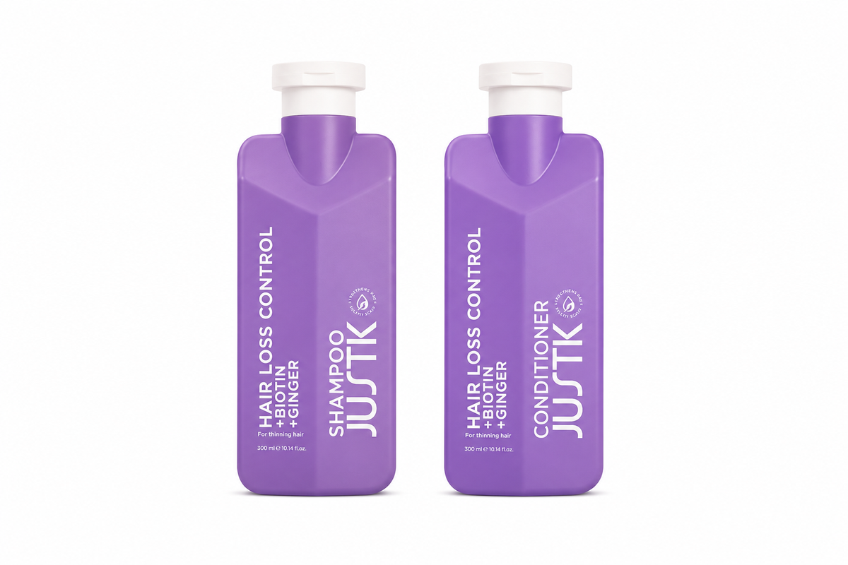 Purple JUSTK hair shampoo and conditioner bottles, twin pack with pump tops