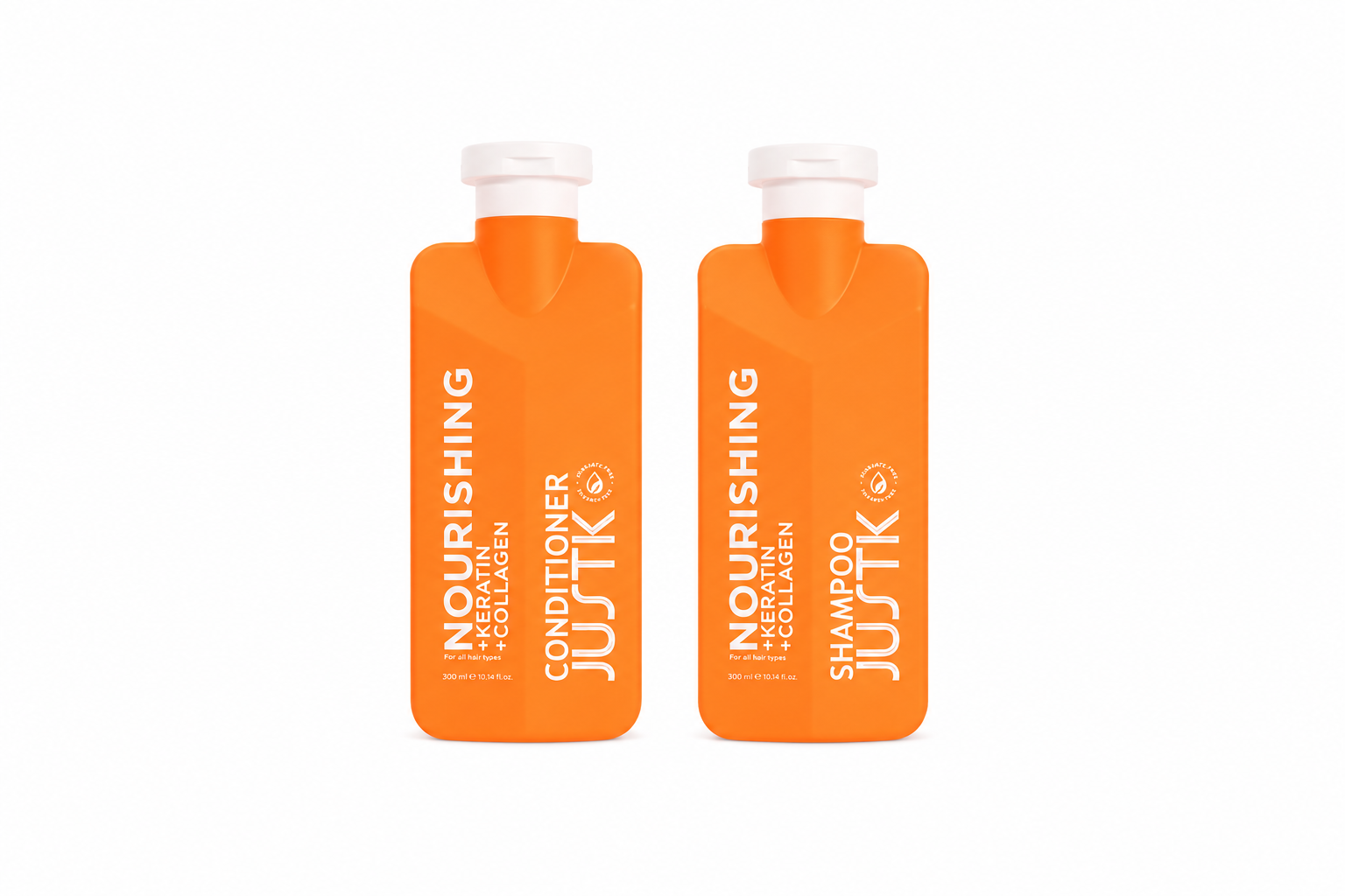 JUSTK Nourishing keratin & collagen shampoo/conditioner bundle with two orange bottles