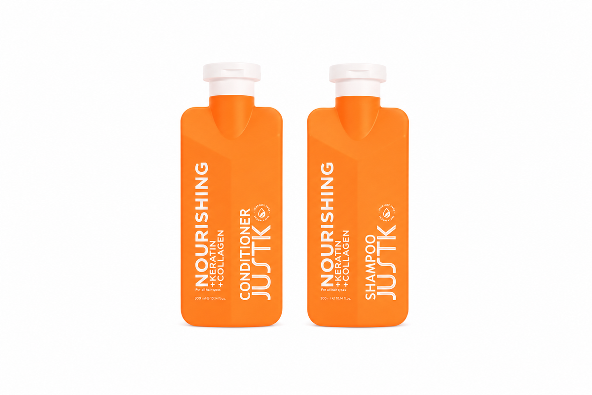 JUSTK Nourishing keratin & collagen shampoo/conditioner bundle with two orange bottles